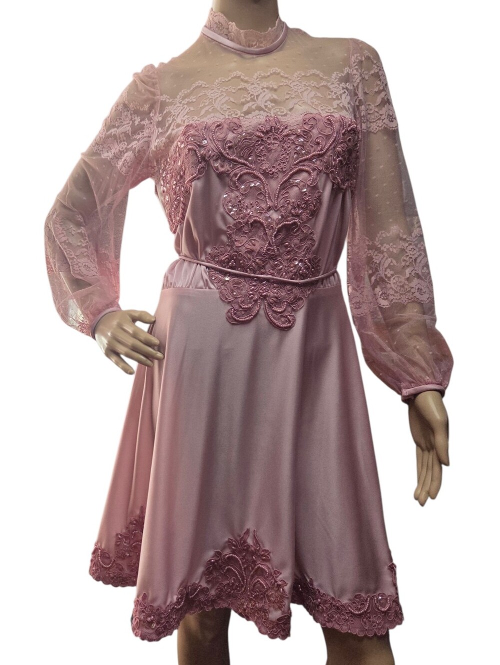 Vintage 1970's Beaded Dress Pink Lace Medium 6